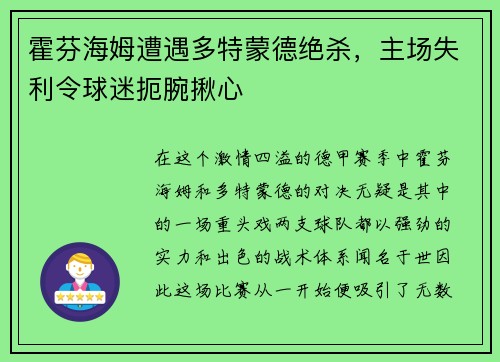 霍芬海姆遭遇多特蒙德绝杀，主场失利令球迷扼腕揪心