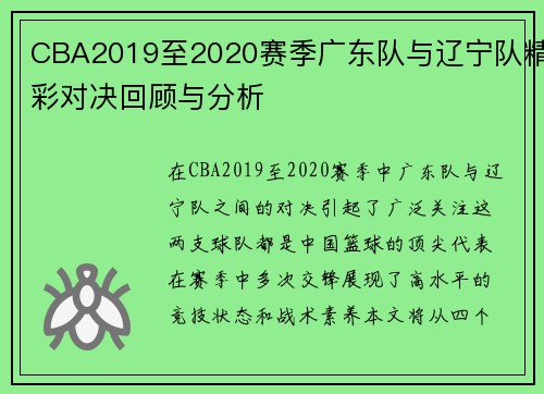 CBA2019至2020赛季广东队与辽宁队精彩对决回顾与分析