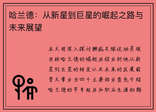 哈兰德：从新星到巨星的崛起之路与未来展望